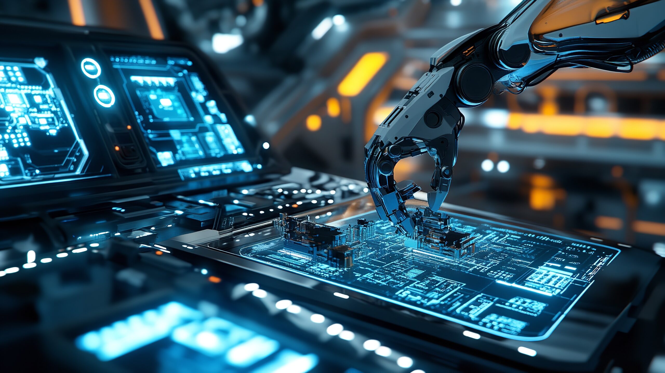 Robotic Interface: A Detailed View of a Robotic Arm Interacting with a Futuristic Touchscreen Display, Emphasizing Human-Machine Collaboration, Automation, and Advanced Technology.
