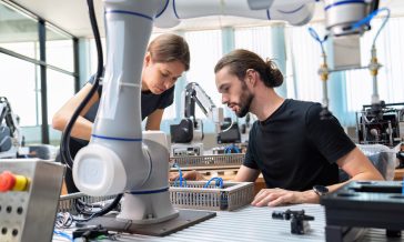 An engineer in research development robotic factory checking pro
