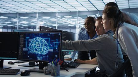 Man requesting help from coworkers after finding bug in data center systems Engineer calling colleagues after finding error in code while doing checkup on server room used for AI workloads. Man requesting help from coworkers after finding bug in data center systems, camera B